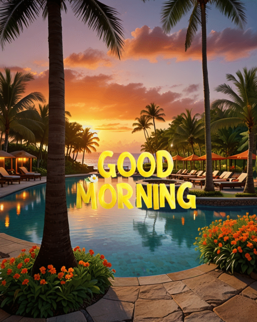 Sunrise over tropical pool resort with Good Morning