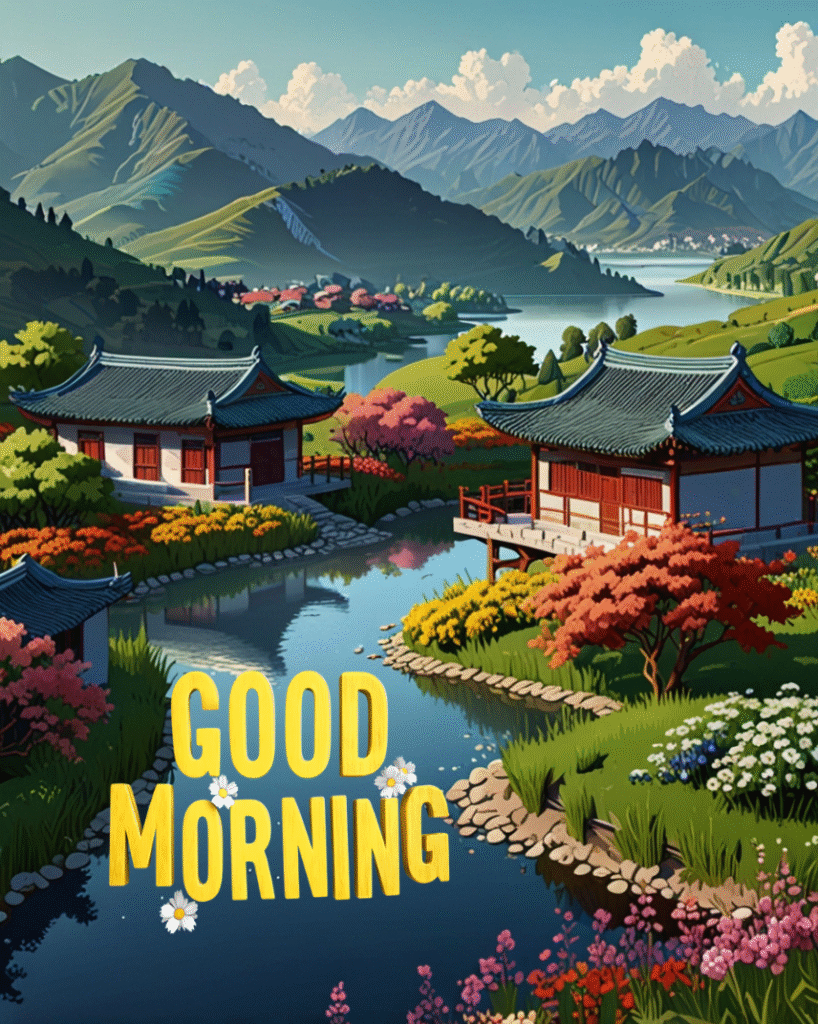 Traditional houses by river, mountain view, flowers, Good Morning wishes