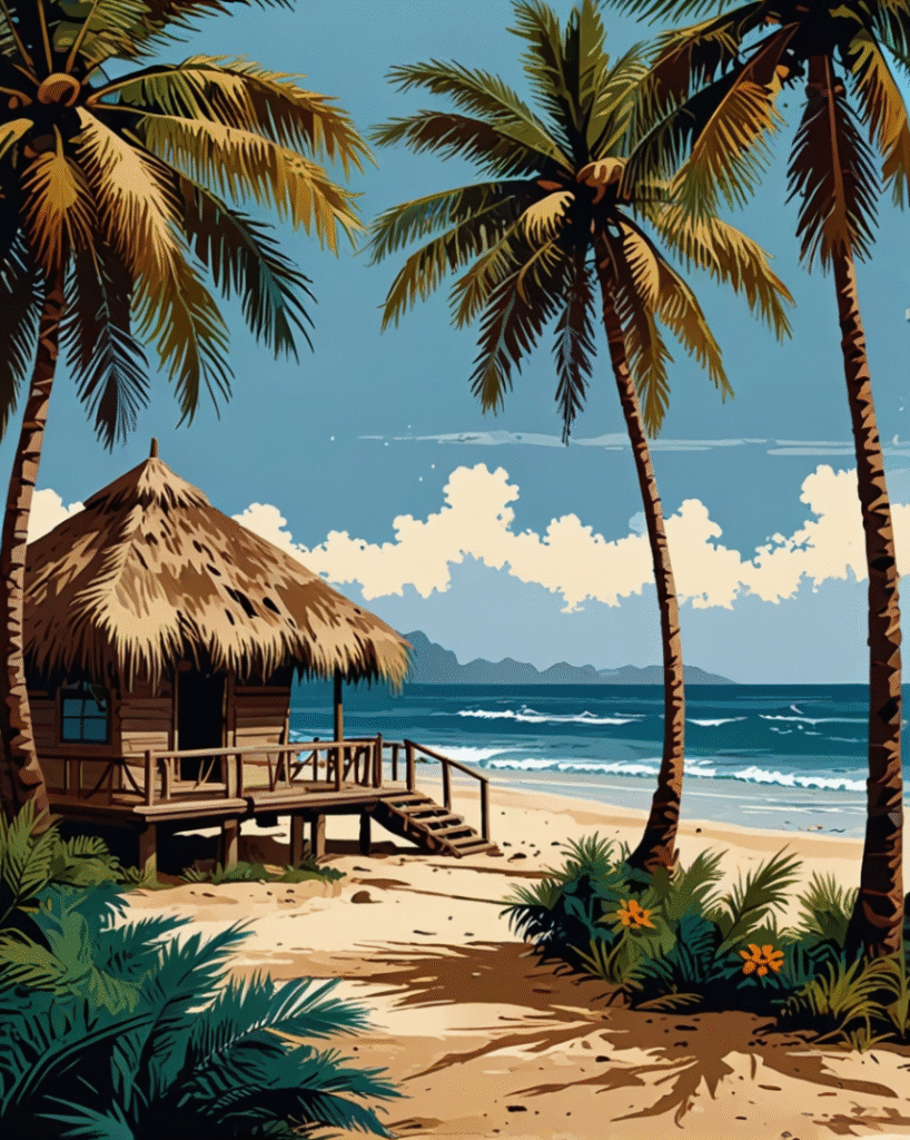 Tropical beach hut with palm trees and ocean waves nearby wallpaper