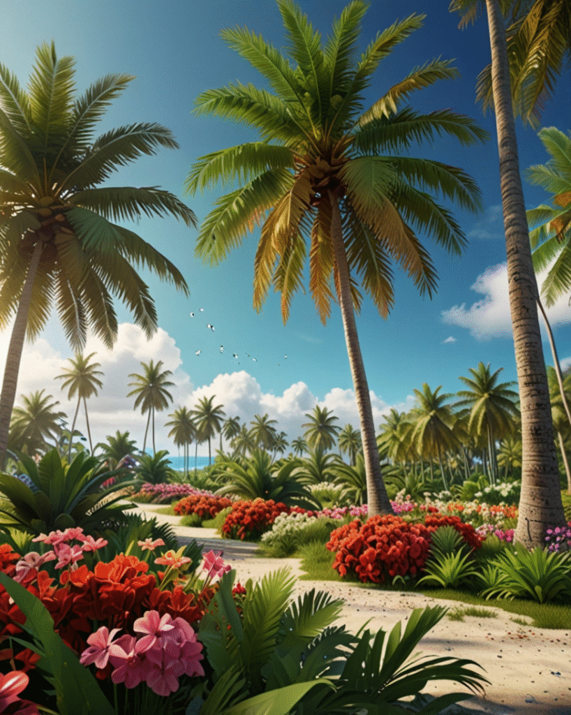 Tropical beach path lined with palm trees and vibrant flowers wallpaper