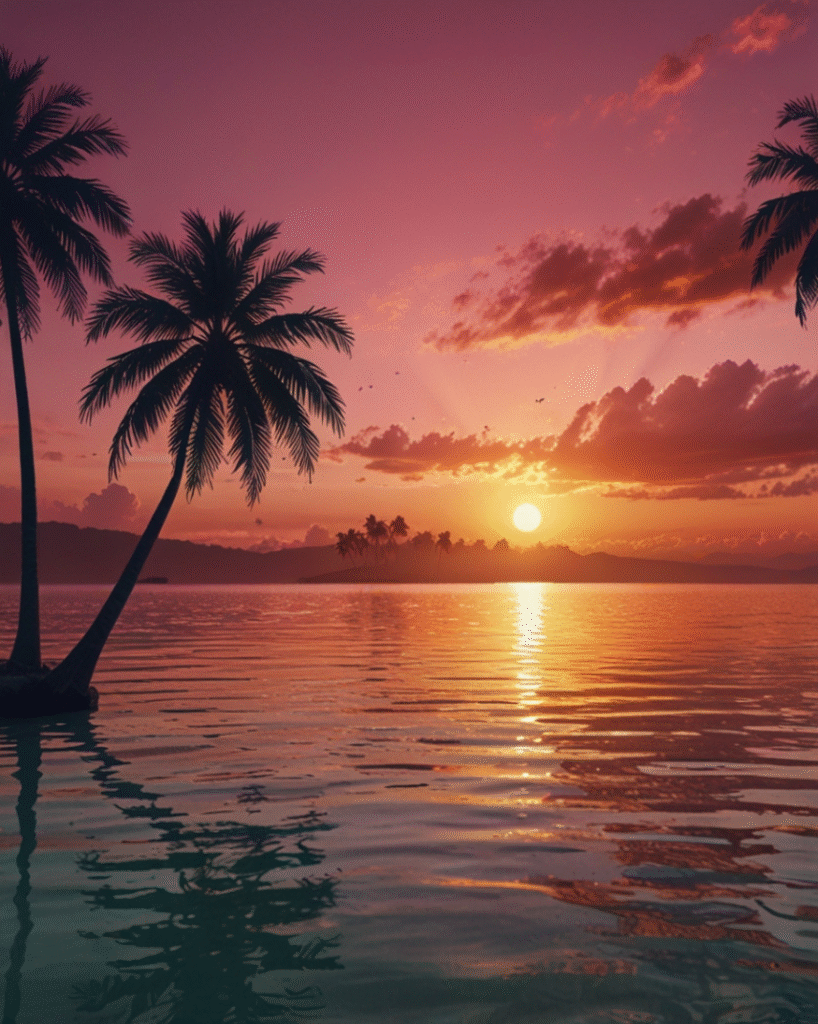 Tropical beach sunset with palm trees and colorful sky reflection wallpaper