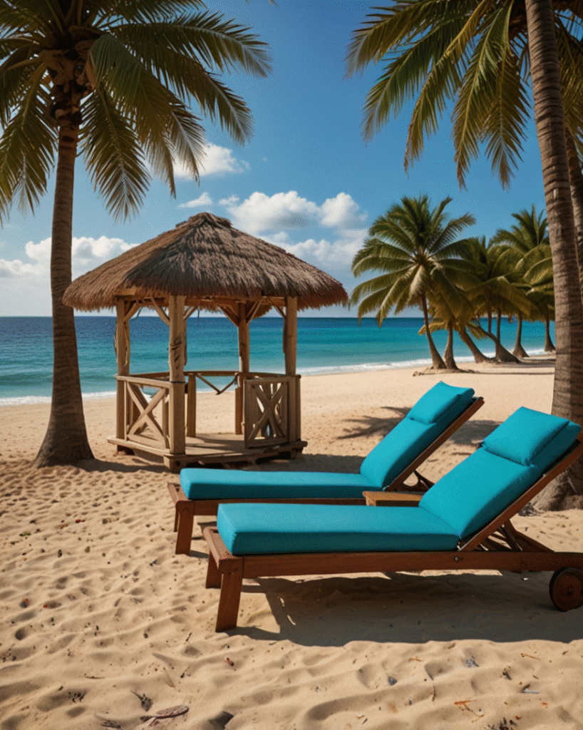 Tropical beach with lounge chairs, palm trees, and ocean view wallpaper