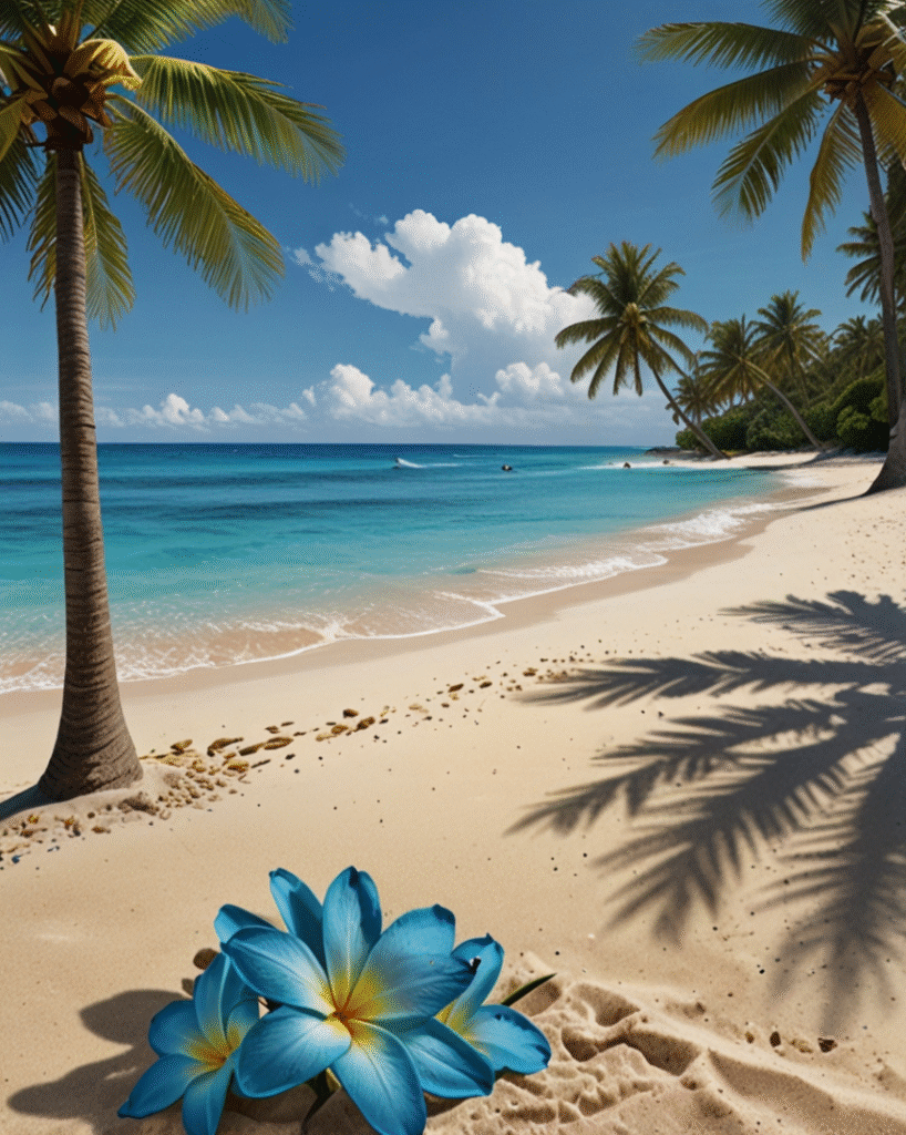 Tropical beach with palm trees, blue flowers, and clear ocean wallpaper