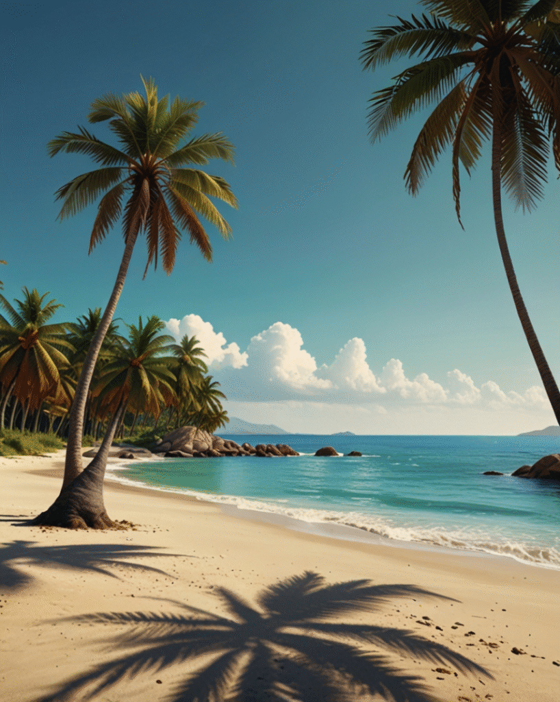 Tropical beach with palm trees, blue sky, and calm ocean wallpaper