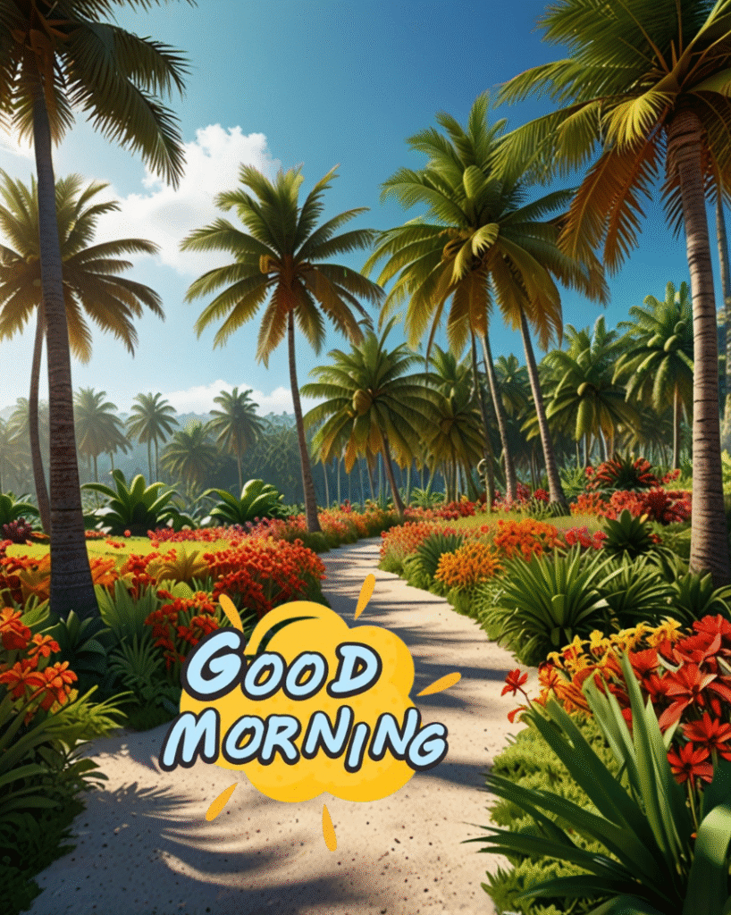 Tropical garden path with palm trees, flowers, and blue sky with good morning wishes