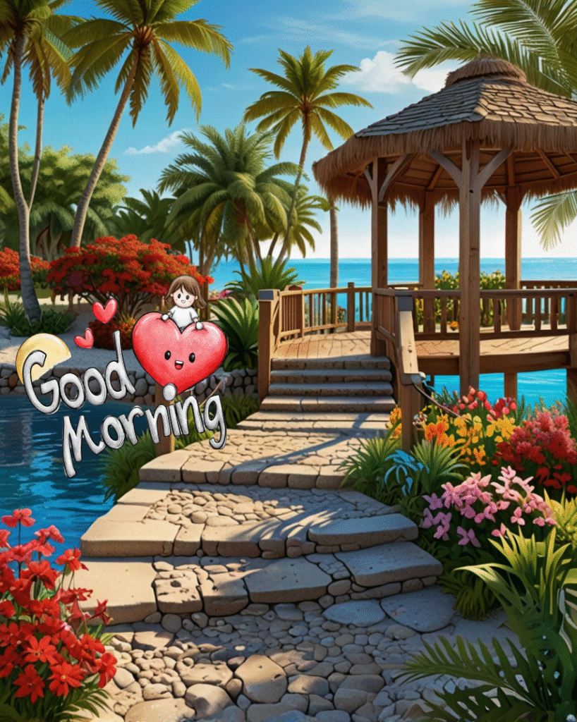 Tropical gazebo, ocean view, palm trees, flowers, good morning text