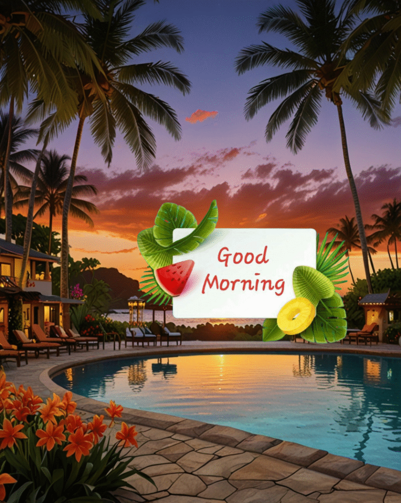 Tropical resort poolside at sunrise with Good Morning