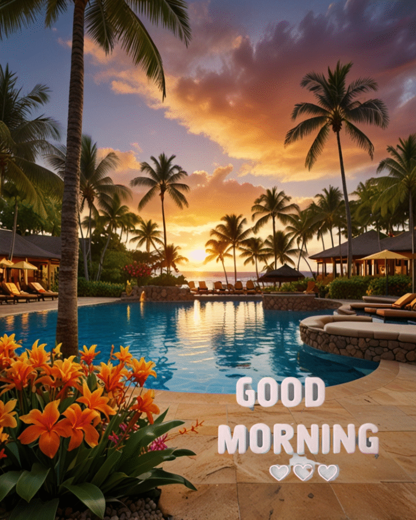 Tropical resort poolside sunrise with “Good Morning” and hearts