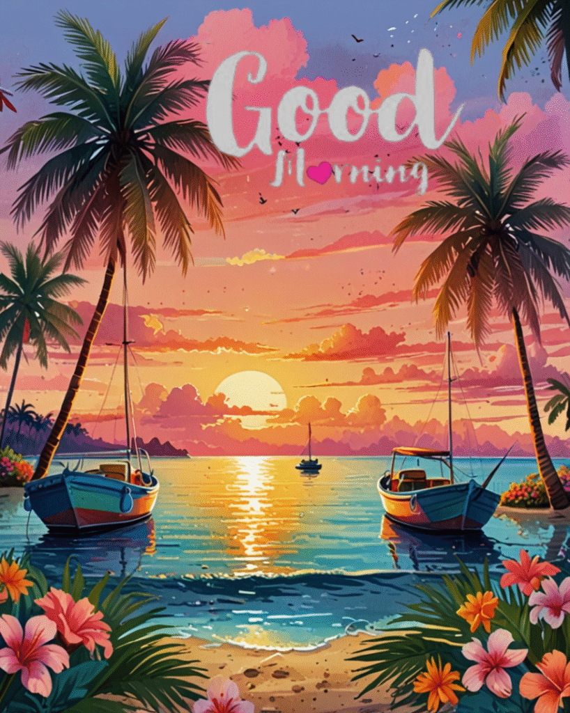 Tropical sunrise over calm sea with boats, palm trees, flowers