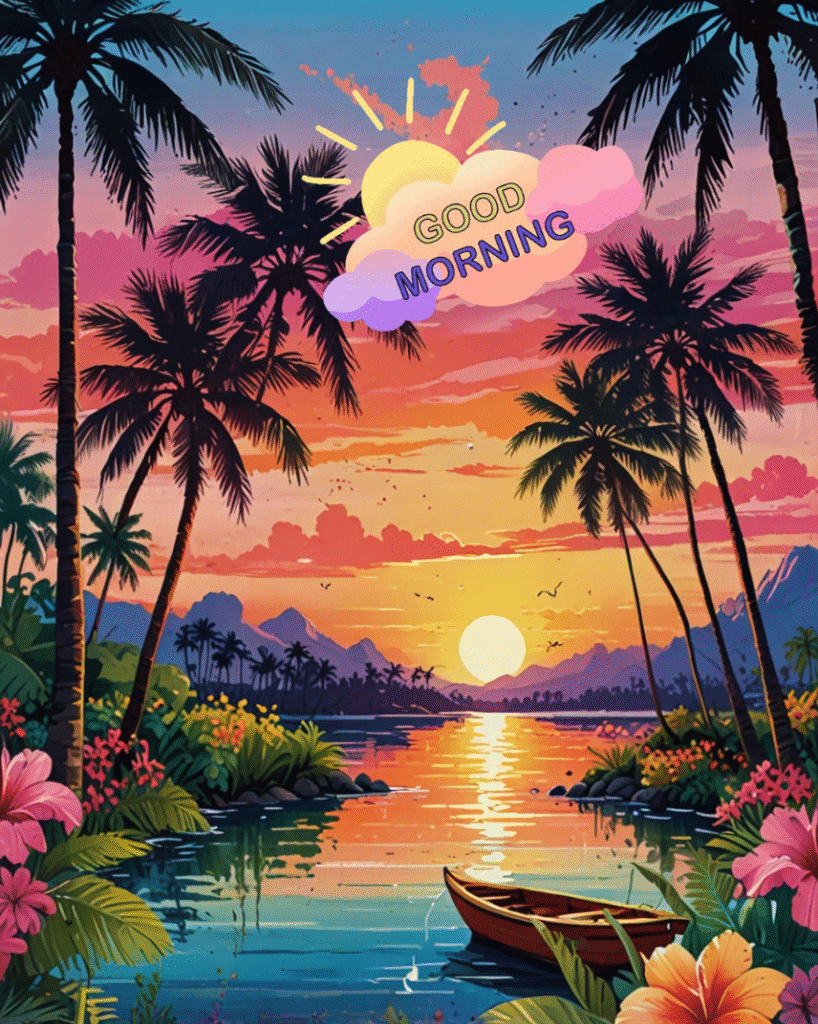 Tropical sunrise with palm trees, boat, flowers, good morning