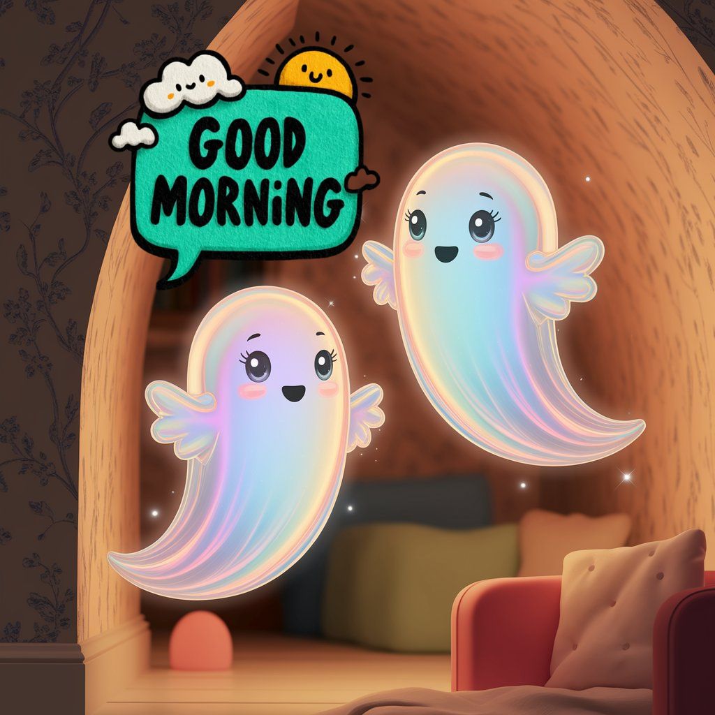 20+ Good Morning Image to Start Mornings with Smiles 16 Two cute, glowing ghost characters with rainbow hues floating inside a cozy room, with a cheerful “Good Morning” message.