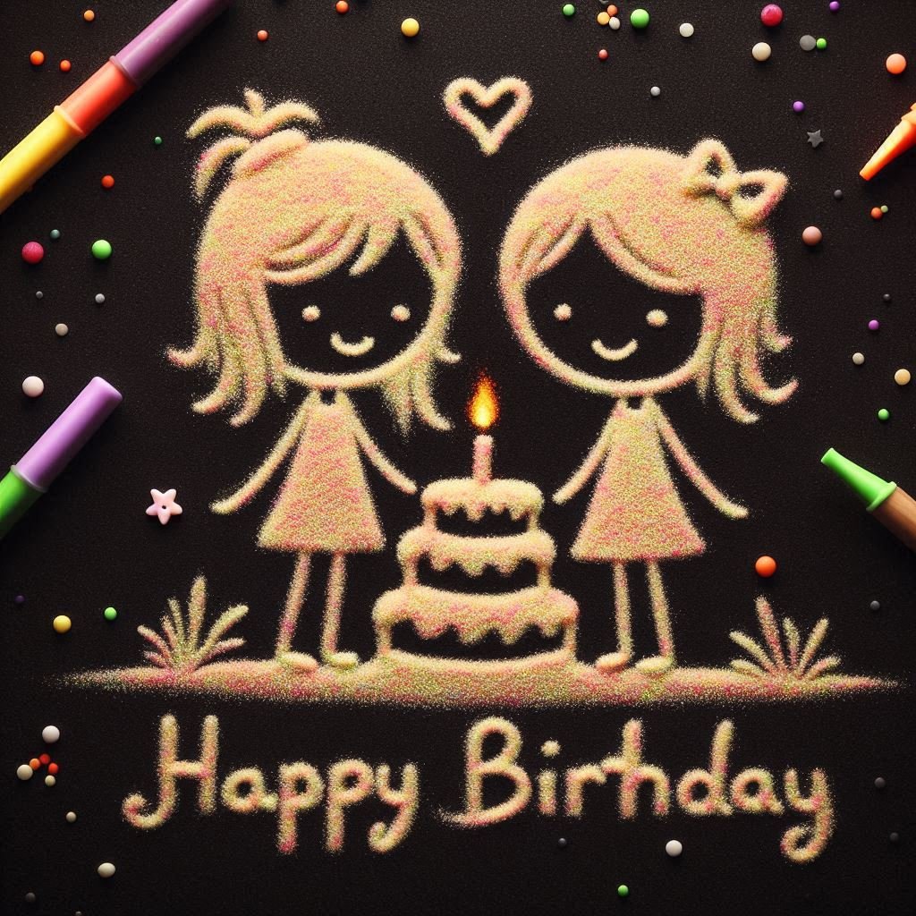 Two girls with cake, heart, and Happy Birthday message