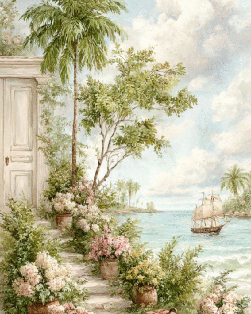 Vintage coastal scene with ship, flowers, trees, and pastel tones wallpaper
