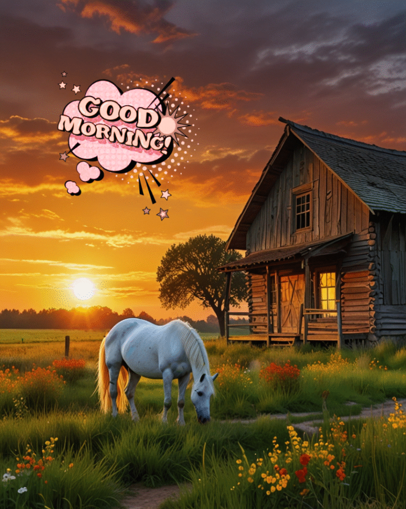 White horse grazing near cabin during sunrise, flowers around with good morning wishes