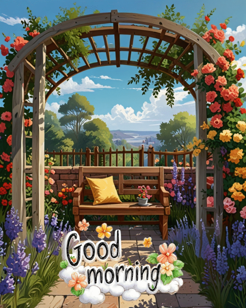 Wooden bench under floral arch with Good Morning and flowers