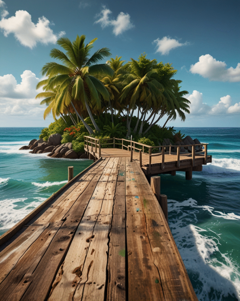 Wooden boardwalk leads to tropical island with palm trees wallpaper