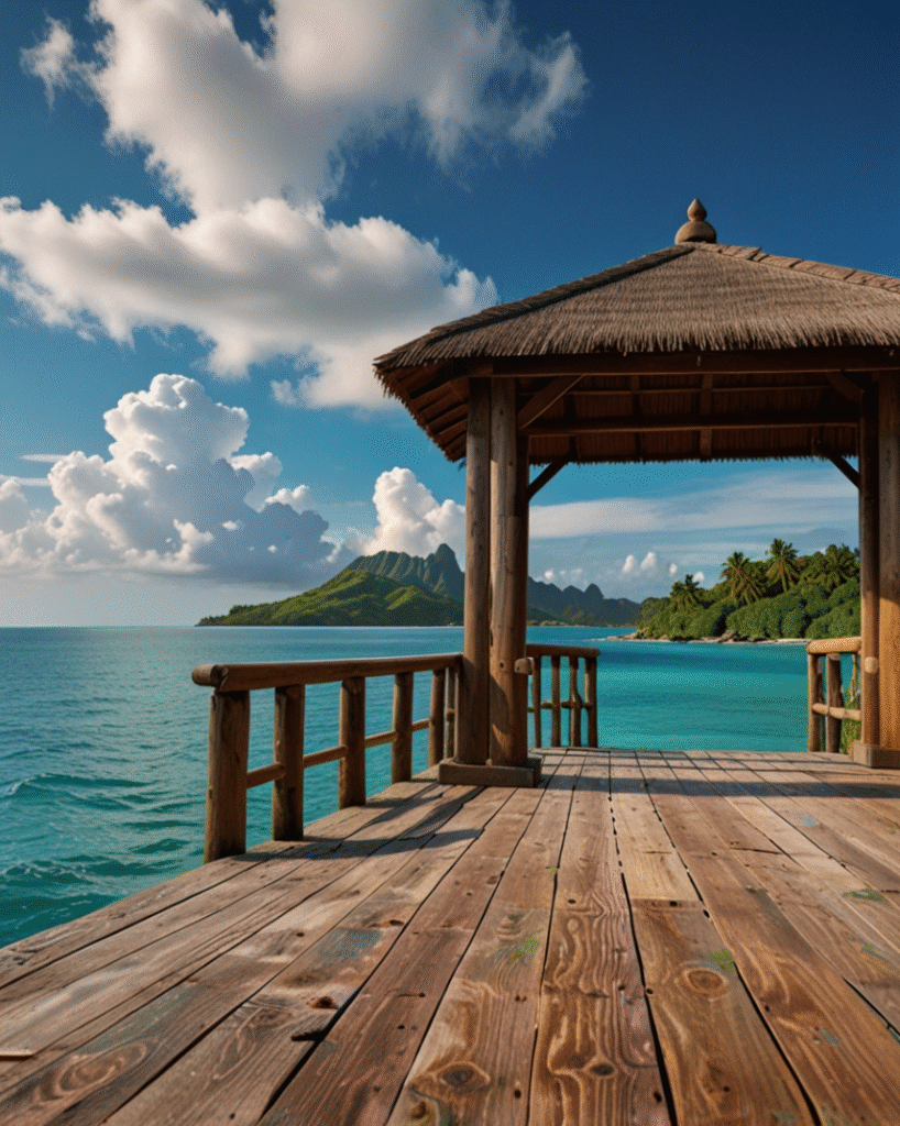 Wooden gazebo overlooking turquoise ocean with mountains and cloudy sky wallpaper