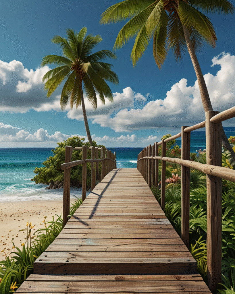 Wooden path to tropical beach with palm trees and ocean wallpaper