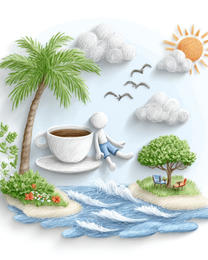 Yarn art beach scene with coffee, palm tree, sun, clouds wallpaper