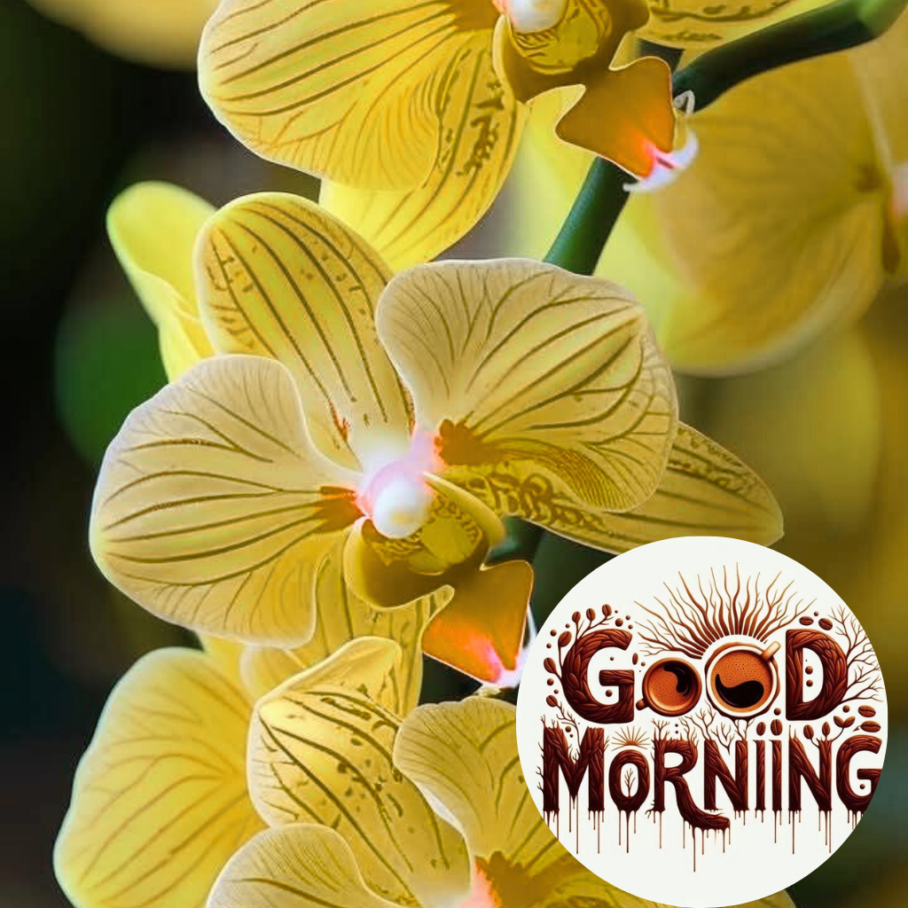 Yellow orchids with creative coffee-themed Good Morning text overlay