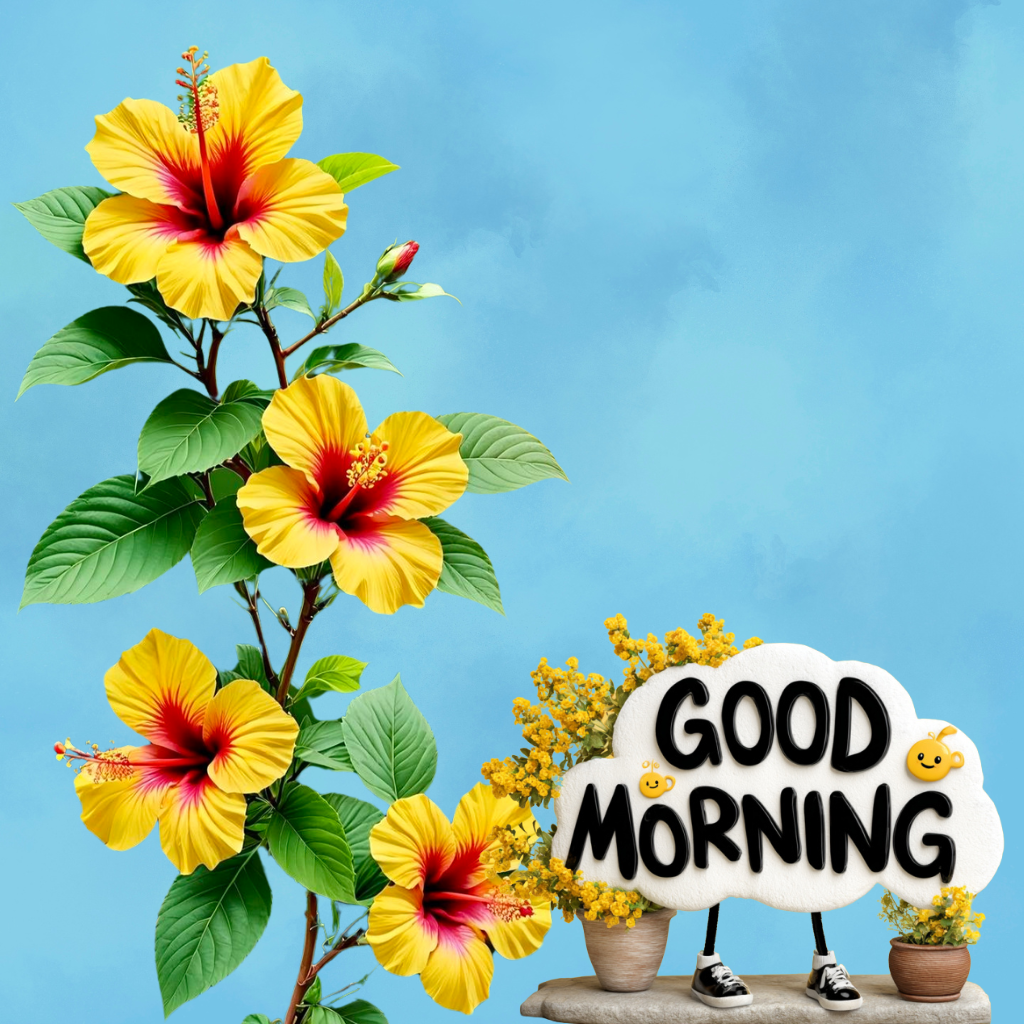 Yellow-red hibiscus flowers with Good Morning sign and decorations