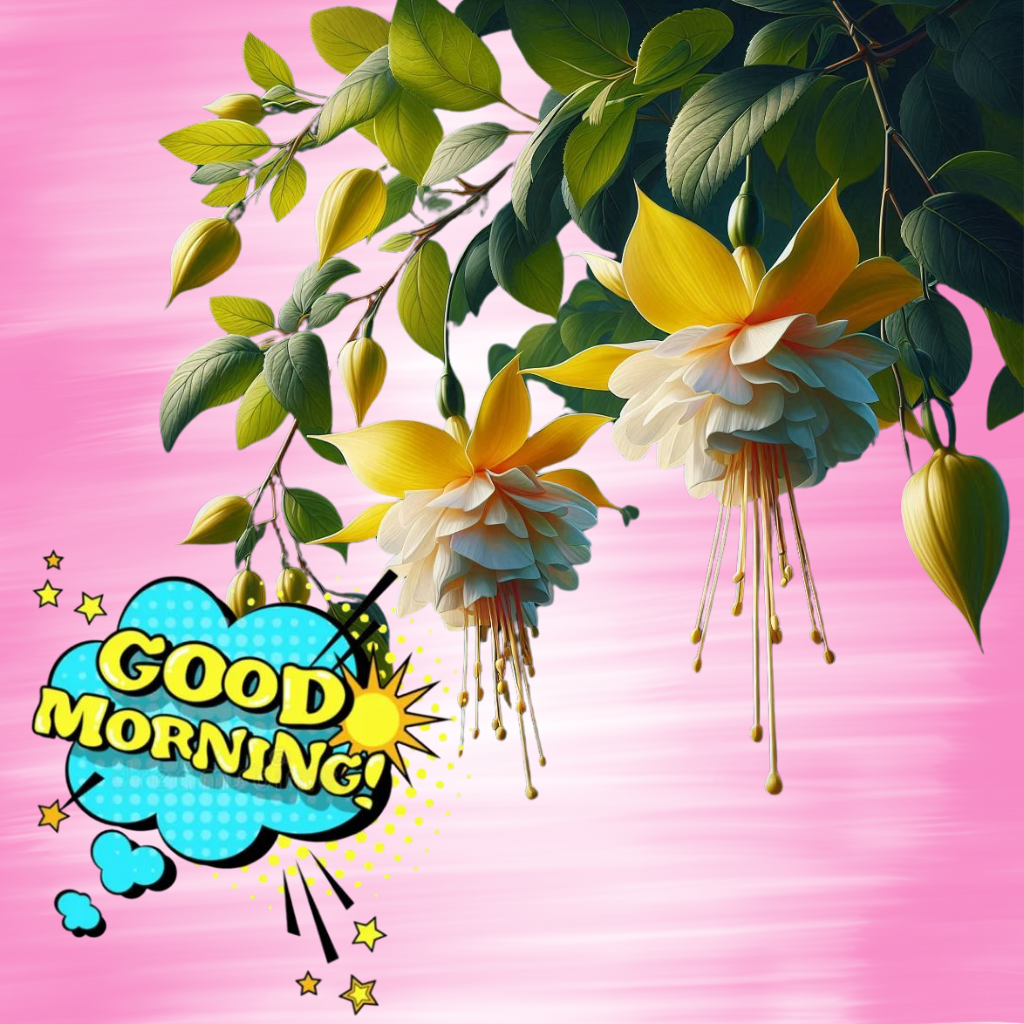 Yellow-white flowers with Good Morning text on pink background