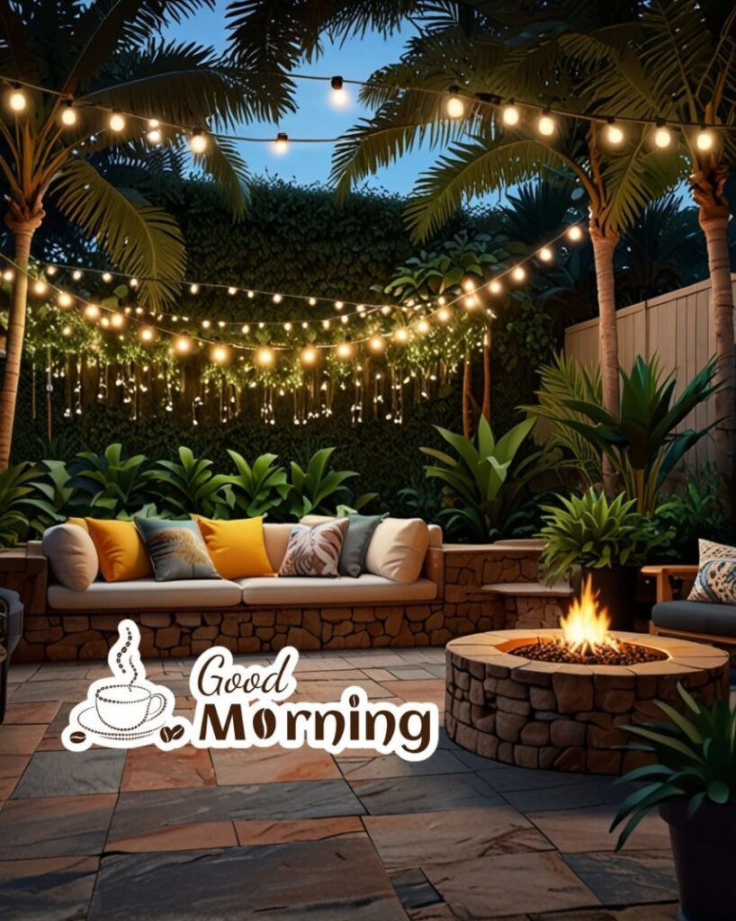 20+ Cute Simple Good Morning Images That Make You Smile Instantly 3 A tiered backyard patio with string lights, stone firepit, and lush potted tropical plants.