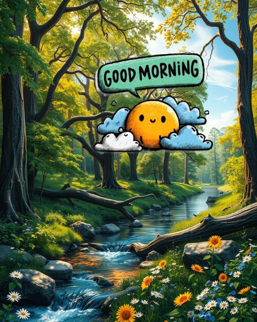 20+ Cute Simple Good Morning Images That Make You Smile Instantly 16 A misty forest at dawn, sunlight filtering through towering pine trees and ferns carpeting the ground.