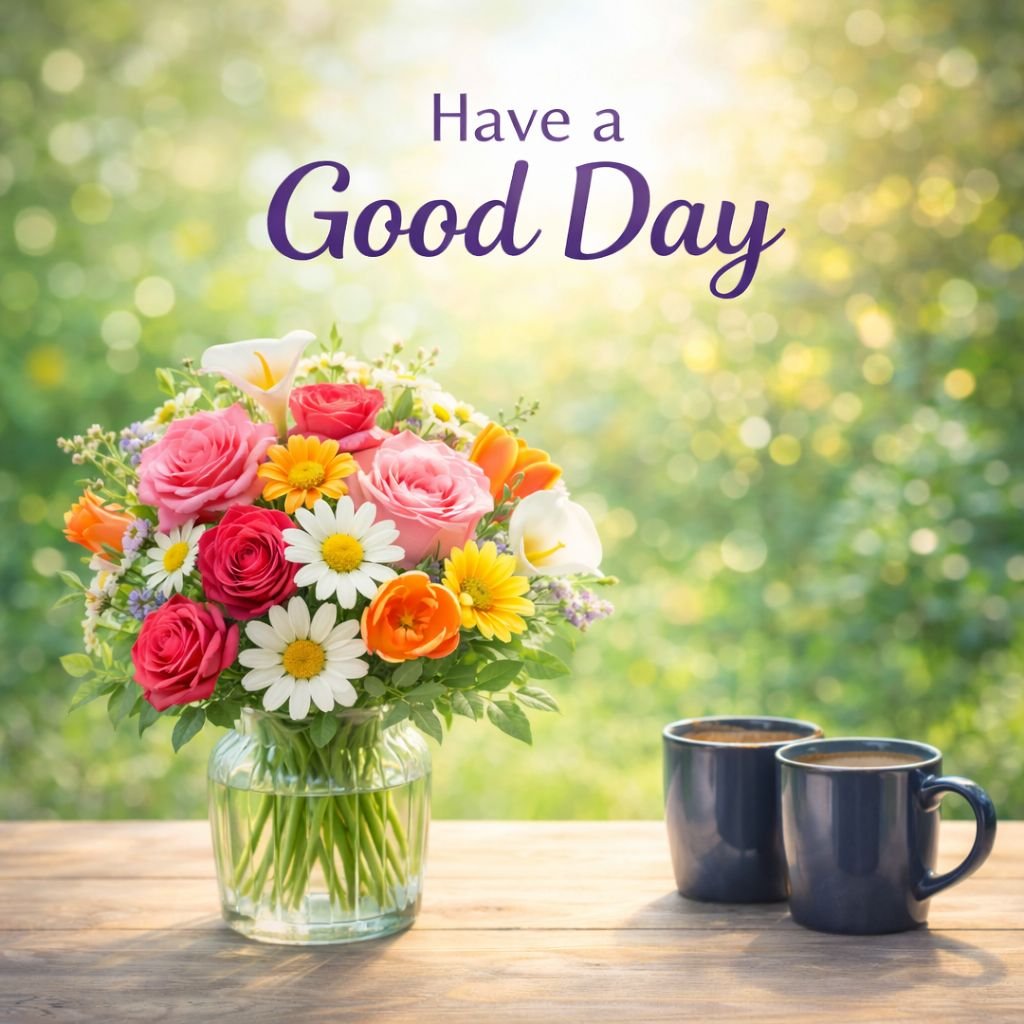 beautiful good day greeting with fresh flower bouquet and coffee cups