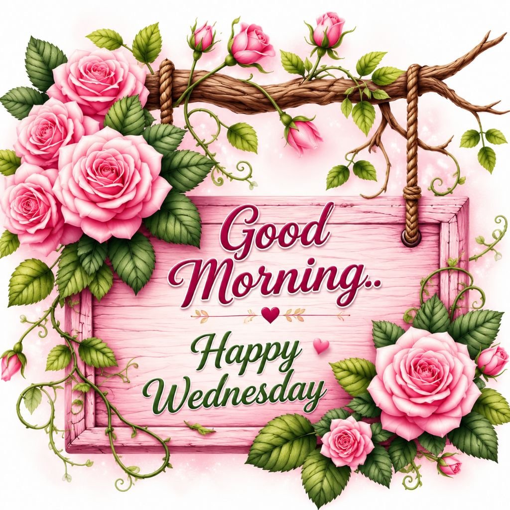 beautiful good morning happy Wednesday pink roses wooden sign image