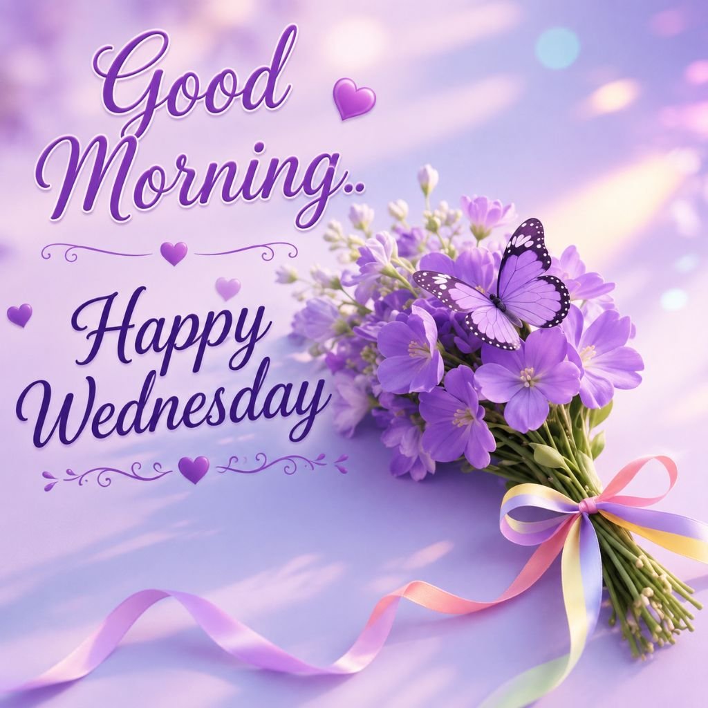 beautiful good morning happy Wednesday purple flowers butterfly image