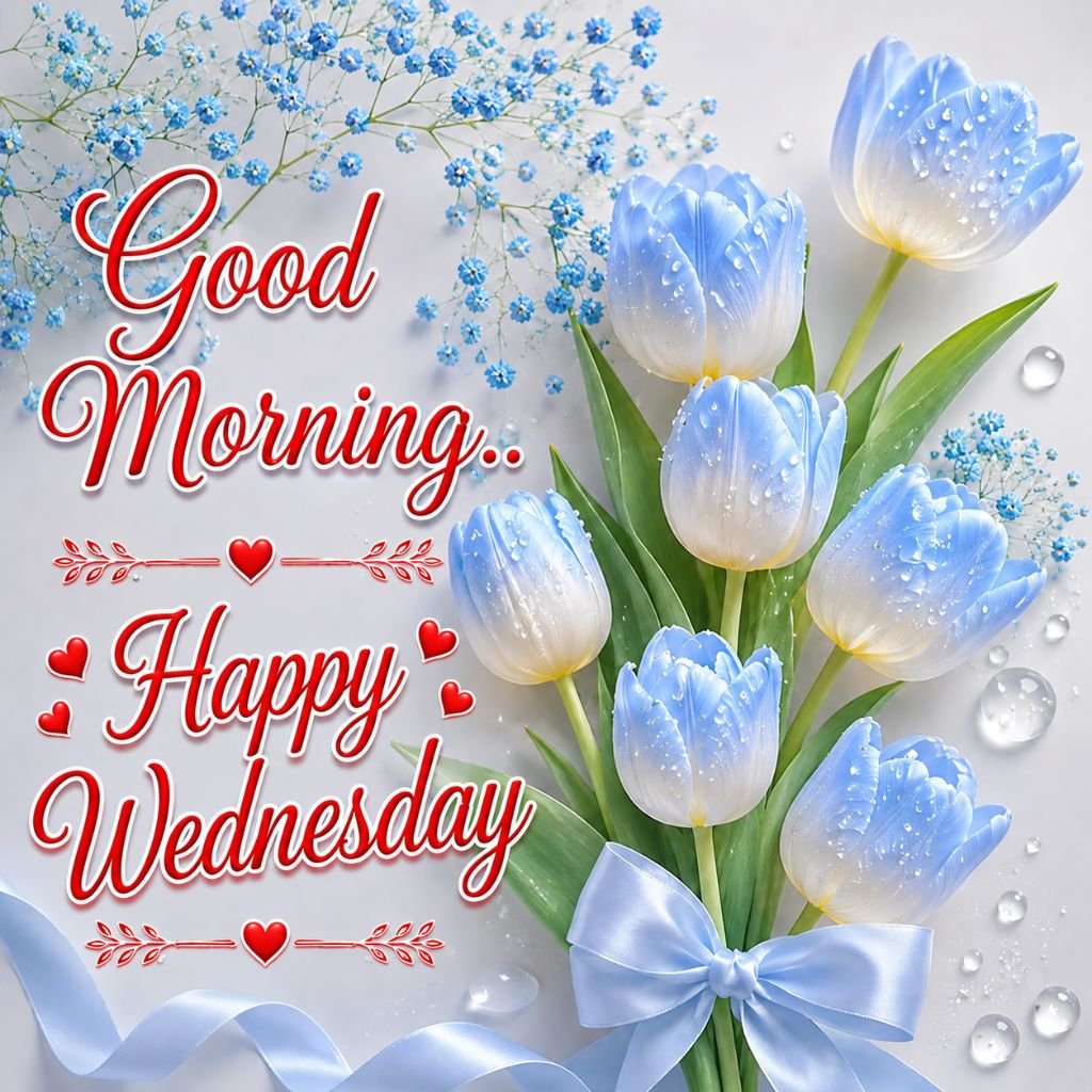 beautiful good morning happy wednesday blue tulips greeting image