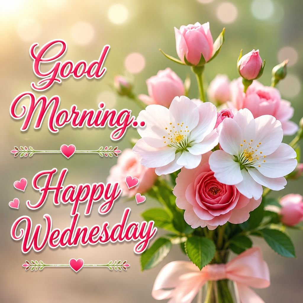 beautiful good morning happy wednesday flowers image with pink roses
