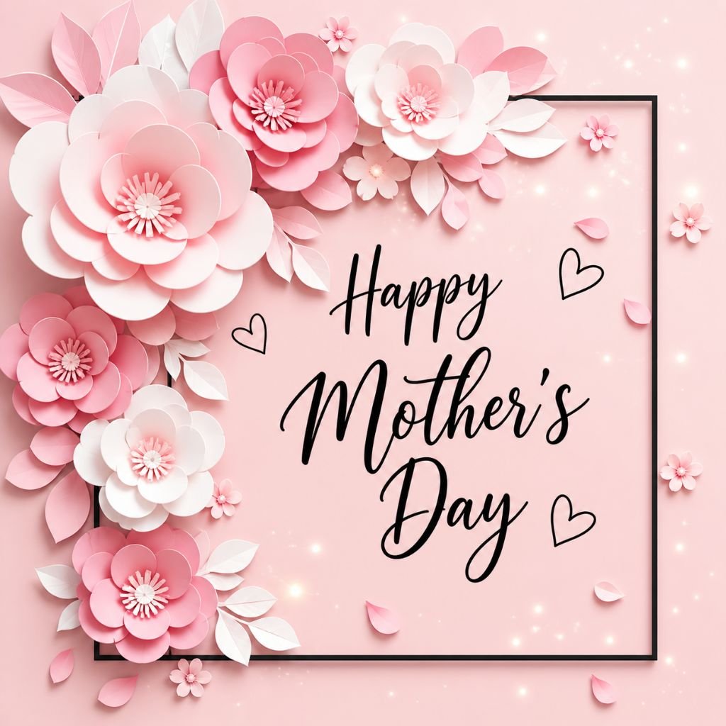 beautiful happy mothers day card with pink paper flowers design