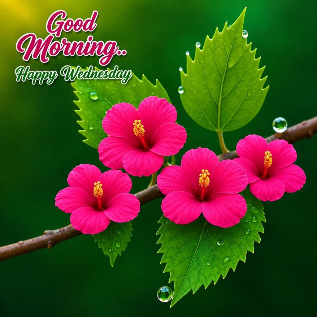 beautiful pink hibiscus good morning happy wednesday greeting image