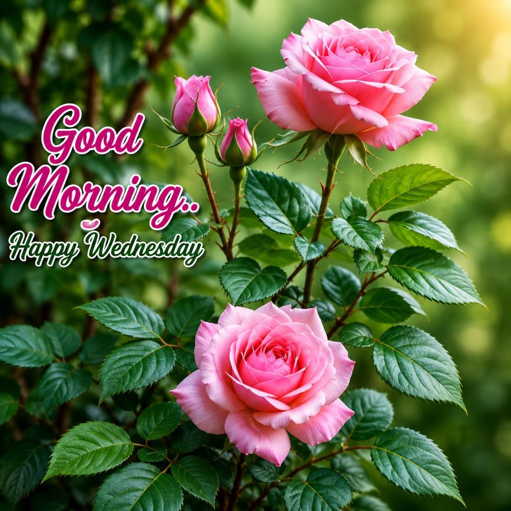 beautiful pink rose good morning happy Wednesday greeting image