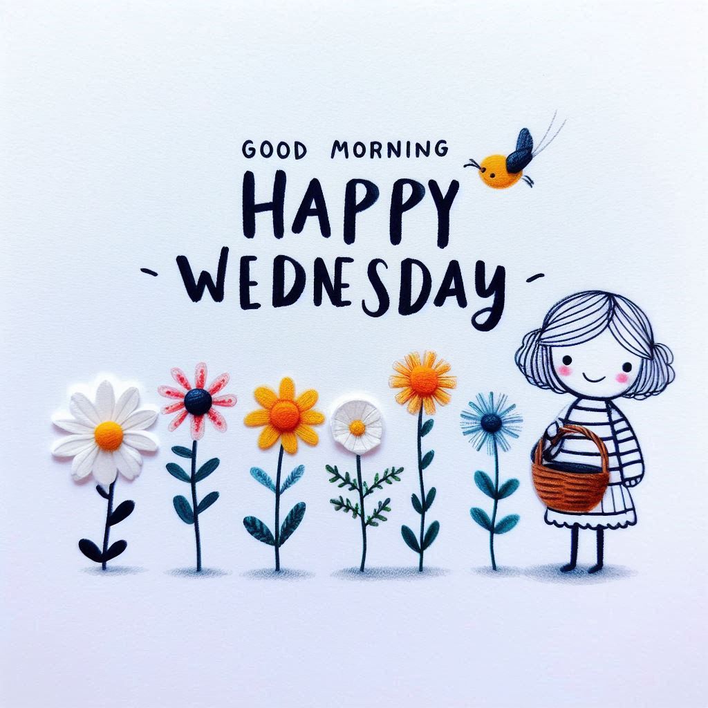 30+ Good Wednesday Morning Blessings Images for Free Download 2 Cute illustration of a girl with flowers and a bird, with “Good Morning Happy Wednesday” text on a white background.