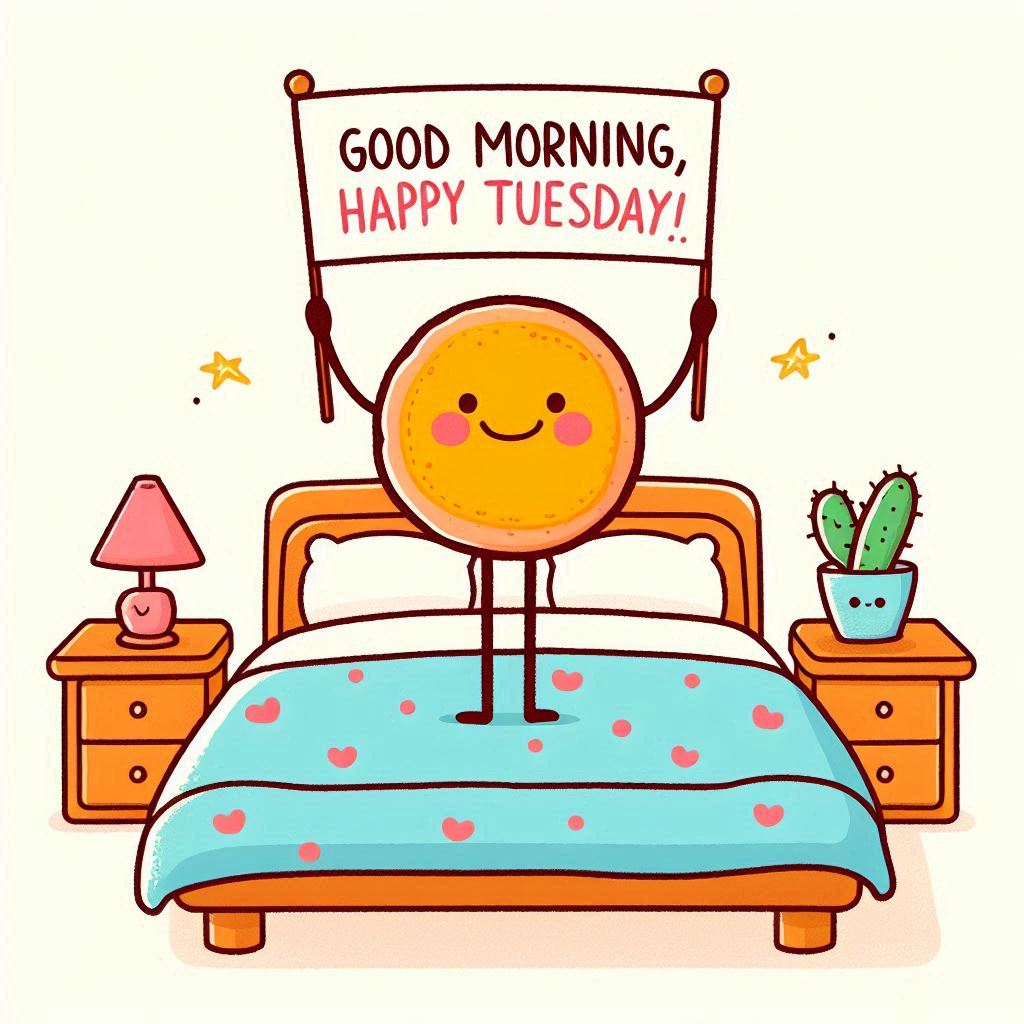 30+ Good Morning Happy Tuesday Images for Free Download 25 Cute sun character standing on a cozy bed holding a “Good Morning, Happy Tuesday” sign, with bedside items.
