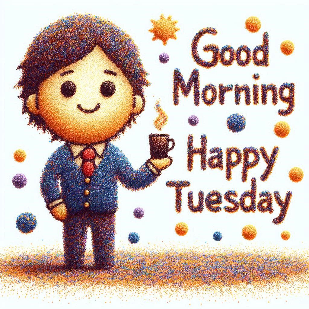 30+ Good Morning Happy Tuesday Images for Free Download 26 Smiling cartoon boy in a suit holding a coffee mug with “Good Morning, Happy Tuesday” text and colorful dots.