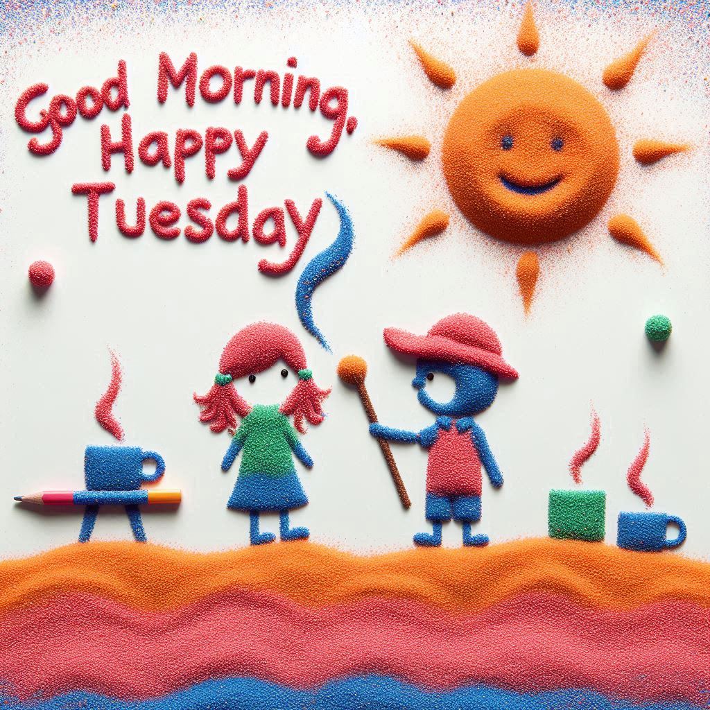 30+ Good Morning Happy Tuesday Images for Free Download 15 Colorful sand art of two cartoon characters, coffee cups, and smiling sun with “Good Morning, Happy Tuesday” written above.
