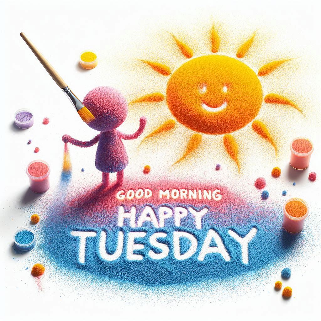 30+ Good Morning Happy Tuesday Images for Free Download 21 Colorful sand art of a smiling sun, cheerful figure, and "Good Morning Happy Tuesday" message surrounded by paint pots.