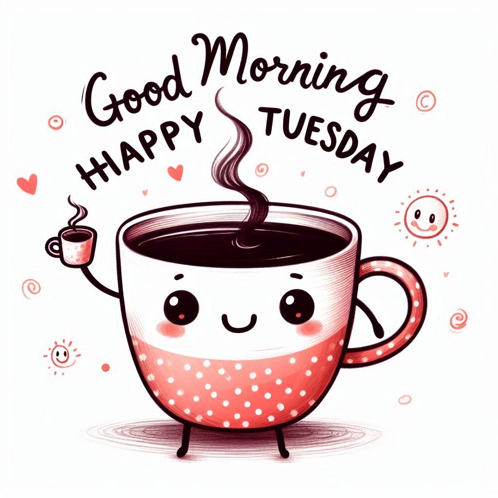 30+ Good Morning Happy Tuesday Images for Free Download 7 Smiling cartoon coffee cup with polka dots holding mini cup, surrounded by hearts and sun, with “Good Morning Happy Tuesday.”