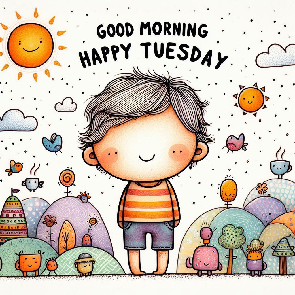 30+ Good Morning Happy Tuesday Images for Free Download 17 Smiling cartoon boy in striped shirt stands in colorful landscape with sun, hills, birds, and “Good Morning Happy Tuesday” text.