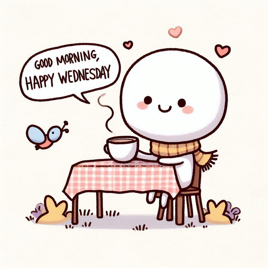 30+ Good Wednesday Morning Blessings Images for Free Download 30 Cute cartoon character wearing scarf, holding coffee cup at table, with butterfly and hearts, saying "Good Morning, Happy Wednesday".