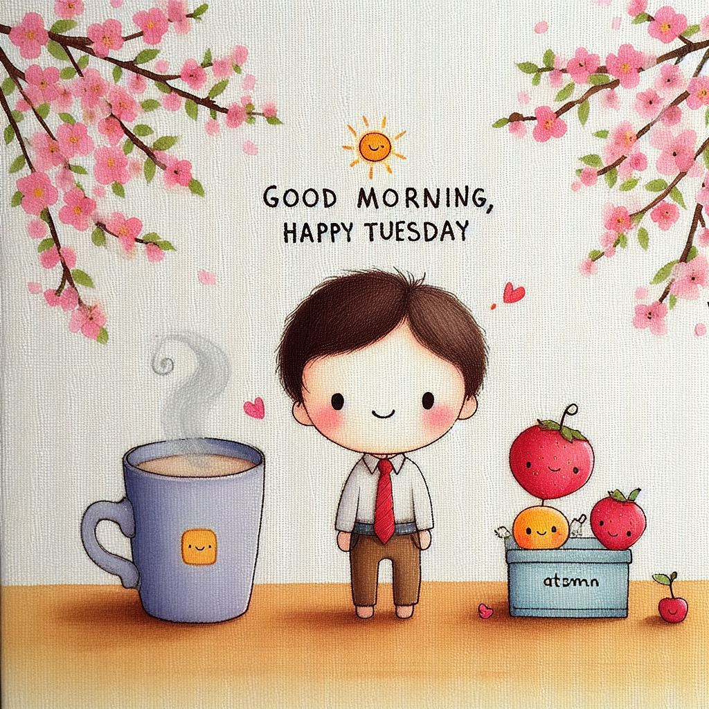 30+ Good Morning Happy Tuesday Images for Free Download 2 Cute cartoon boy with coffee, fruit, and cherry blossoms, smiling under a sun with the text “Good Morning, Happy Tuesday.”