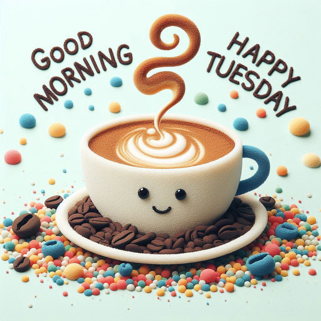 30+ Good Morning Happy Tuesday Images for Free Download 20 Smiling coffee cup with steam swirl, surrounded by colorful candy and coffee beans, with “Good Morning Happy Tuesday” text.