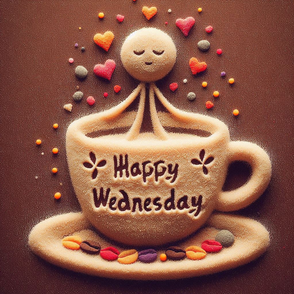 30+ Good Wednesday Morning Blessings Images for Free Download 9 Sand art of a smiling figure in a coffee cup with hearts, saying “Happy Wednesday” on a brown background