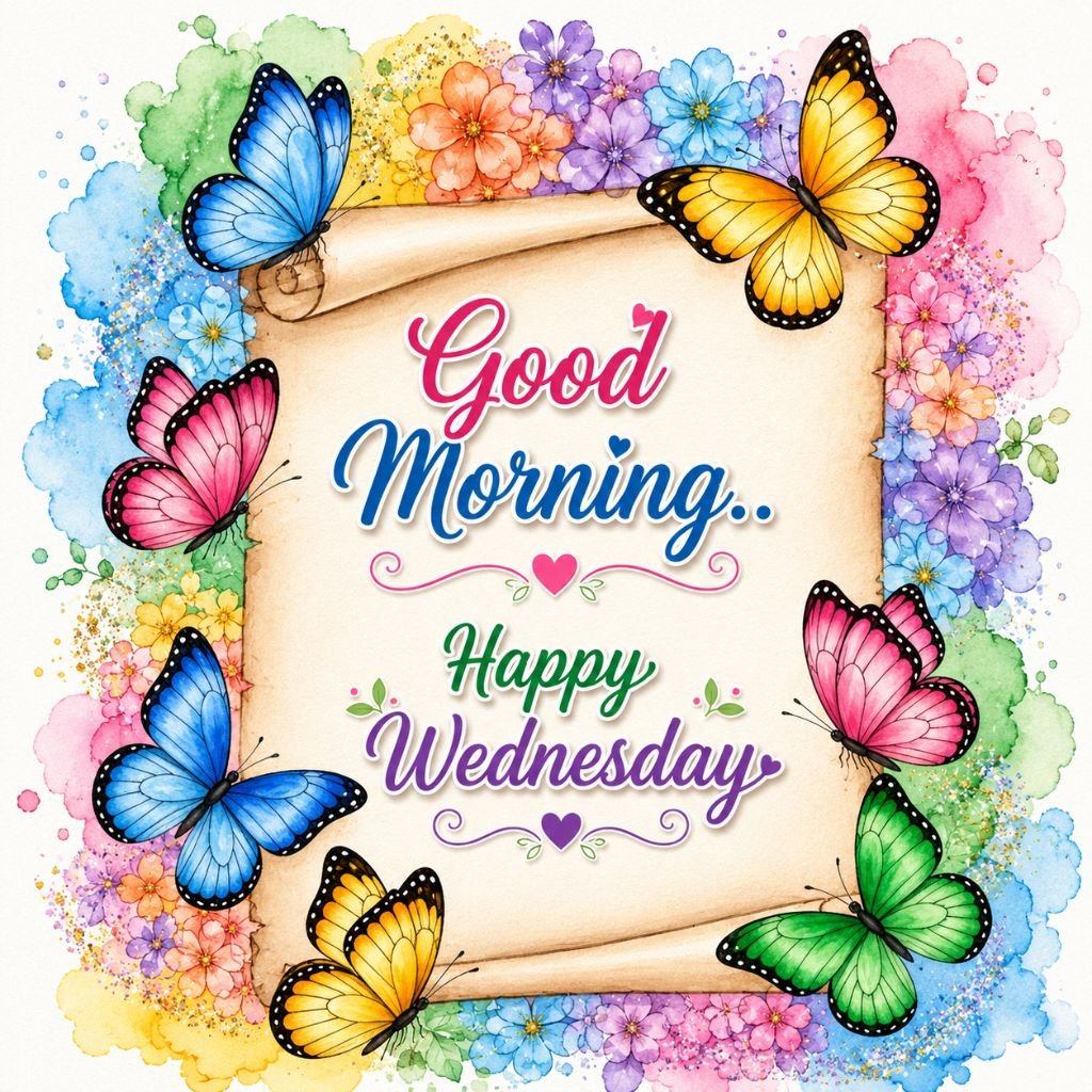 colorful good morning happy wednesday butterfly floral greeting image