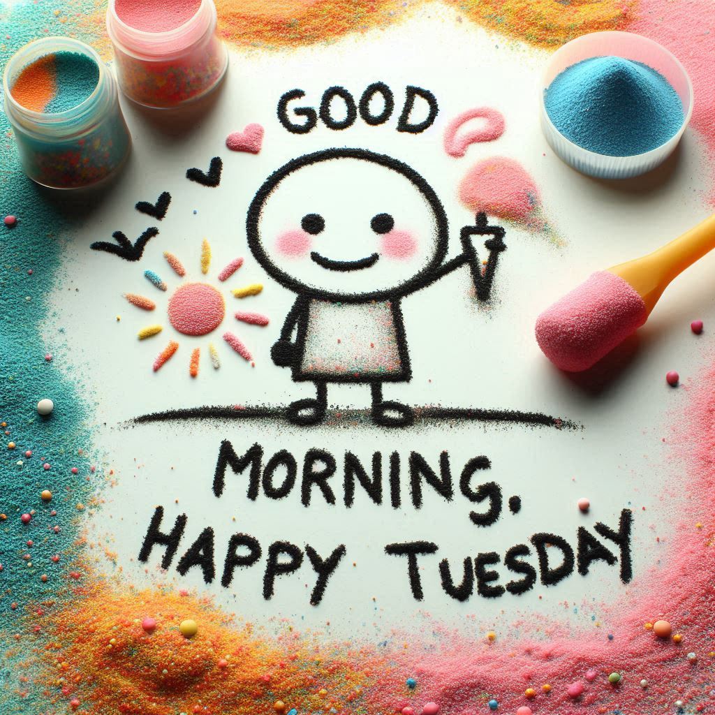 30+ Good Morning Happy Tuesday Images for Free Download 5 Colorful sand art of smiling stick figure holding ice cream, with sun, hearts, and “Good Morning, Happy Tuesday” text.