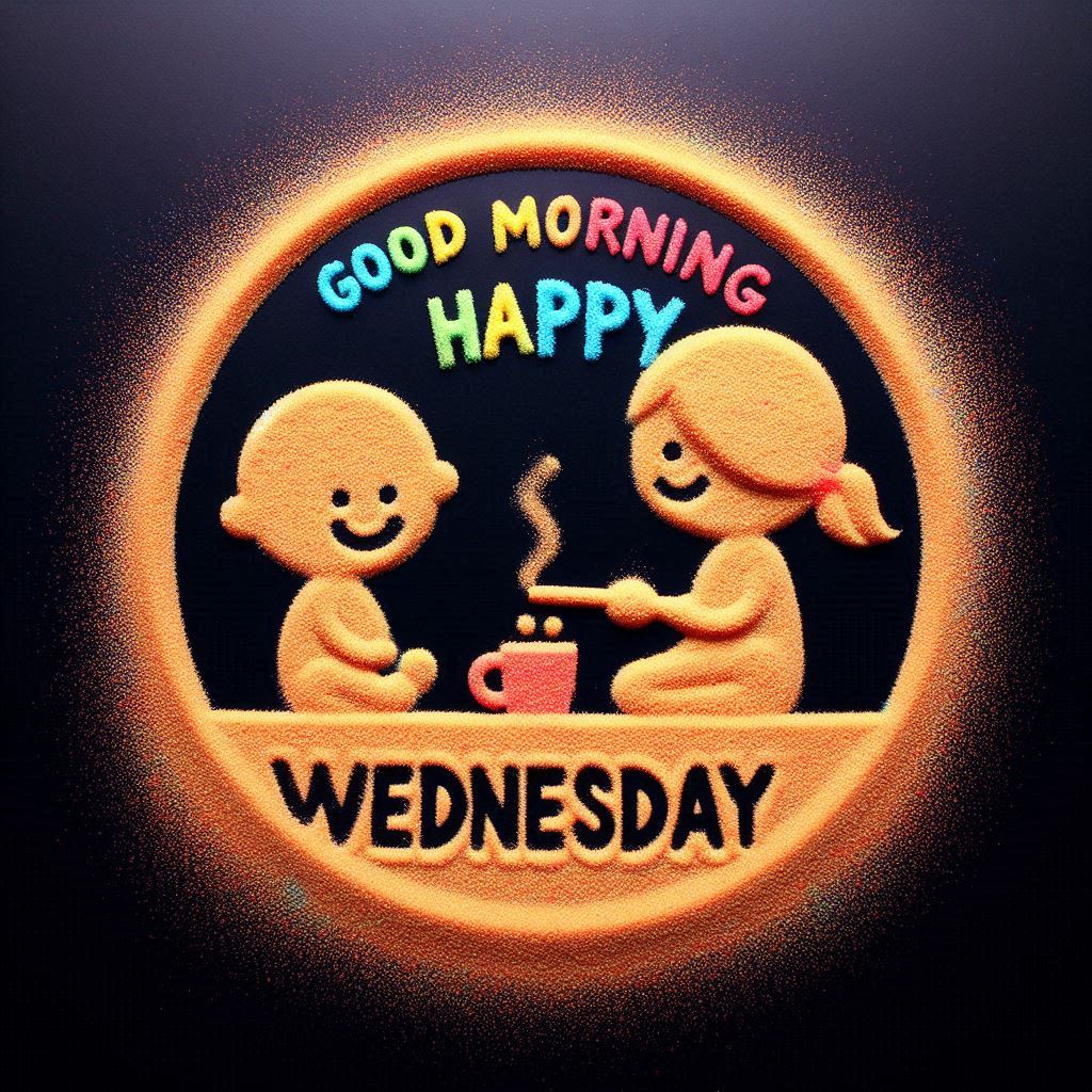 30+ Good Wednesday Morning Blessings Images for Free Download 23 Colorful sand art of smiling couple with coffee, text "Good Morning Happy Wednesday" in a circular frame on dark background.